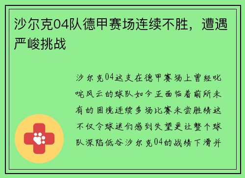 沙尔克04队德甲赛场连续不胜，遭遇严峻挑战