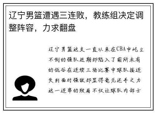 辽宁男篮遭遇三连败，教练组决定调整阵容，力求翻盘