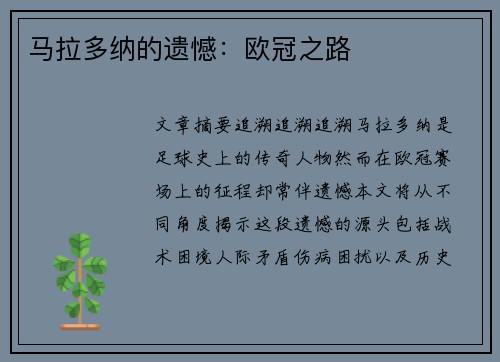 马拉多纳的遗憾：欧冠之路