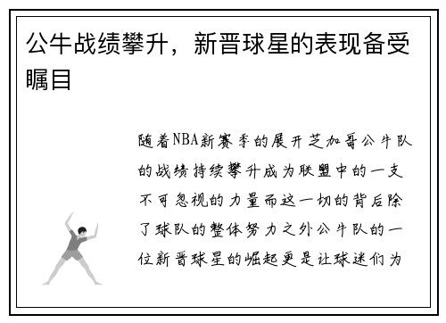 公牛战绩攀升，新晋球星的表现备受瞩目