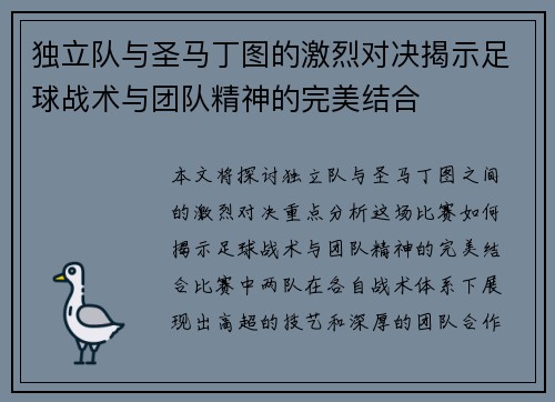 独立队与圣马丁图的激烈对决揭示足球战术与团队精神的完美结合