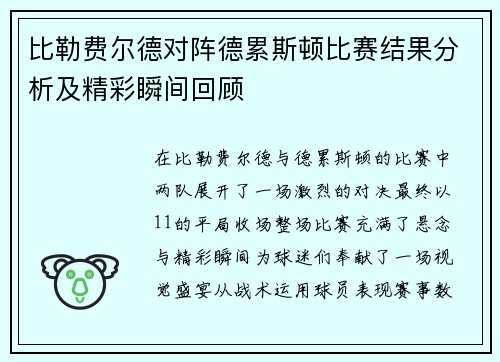 比勒费尔德对阵德累斯顿比赛结果分析及精彩瞬间回顾