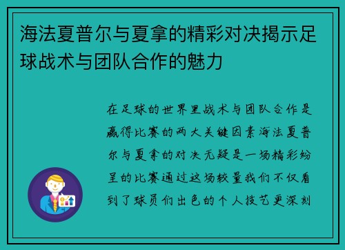 海法夏普尔与夏拿的精彩对决揭示足球战术与团队合作的魅力