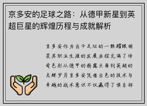 京多安的足球之路：从德甲新星到英超巨星的辉煌历程与成就解析