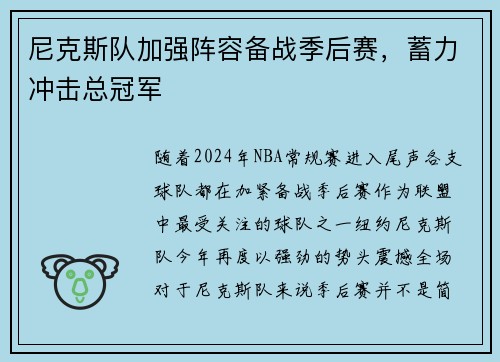 尼克斯队加强阵容备战季后赛，蓄力冲击总冠军