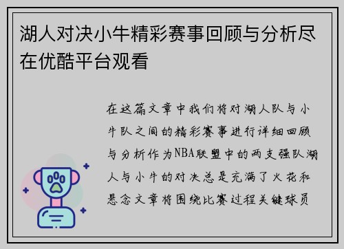 湖人对决小牛精彩赛事回顾与分析尽在优酷平台观看