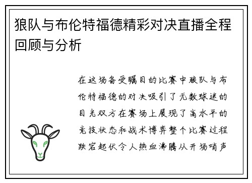 狼队与布伦特福德精彩对决直播全程回顾与分析