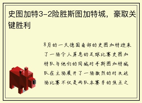 史图加特3-2险胜斯图加特城，豪取关键胜利