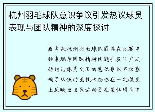 杭州羽毛球队意识争议引发热议球员表现与团队精神的深度探讨