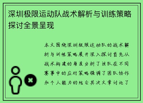 深圳极限运动队战术解析与训练策略探讨全景呈现