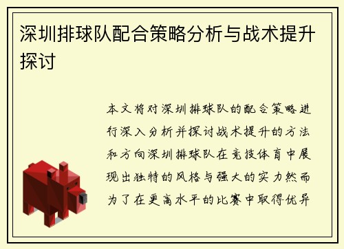 深圳排球队配合策略分析与战术提升探讨