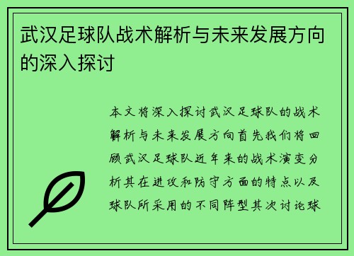 武汉足球队战术解析与未来发展方向的深入探讨