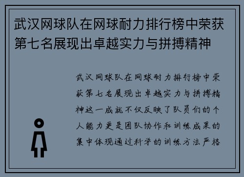 武汉网球队在网球耐力排行榜中荣获第七名展现出卓越实力与拼搏精神